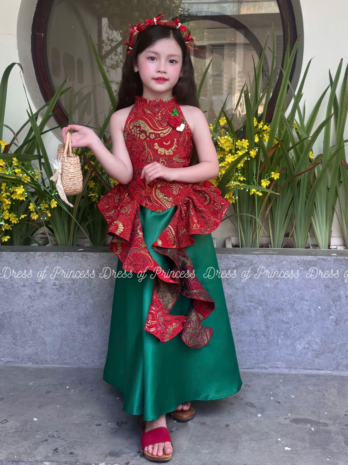 Brocade Baby Girl Dress: Red & Green Ruffles, Vietnamese Mấn Headpiece