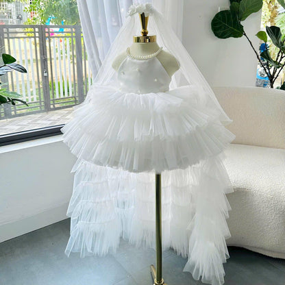 White Tulle Princess Dress: Pearl Details, Satin Bow & Veil