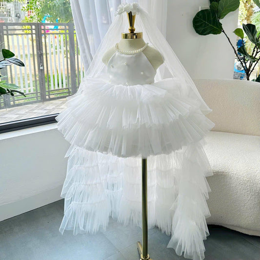 White Tulle Princess Dress: Pearl Details, Satin Bow & Veil