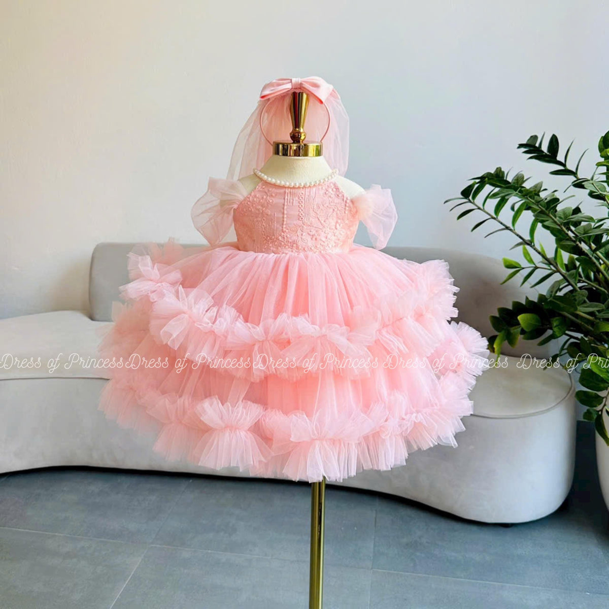 Pink Tulle Baby Dress | Lace Bodice, Bow & Veil