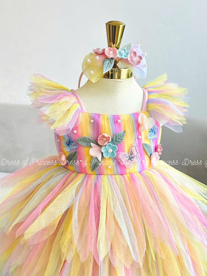 Rainbow Pastel Tutu Dress: Floral Appliqué Princess Outfit