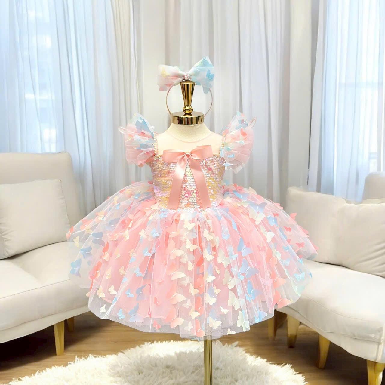 Pink Butterfly Princess Dress: Tulle Birthday Party Gown with Headband