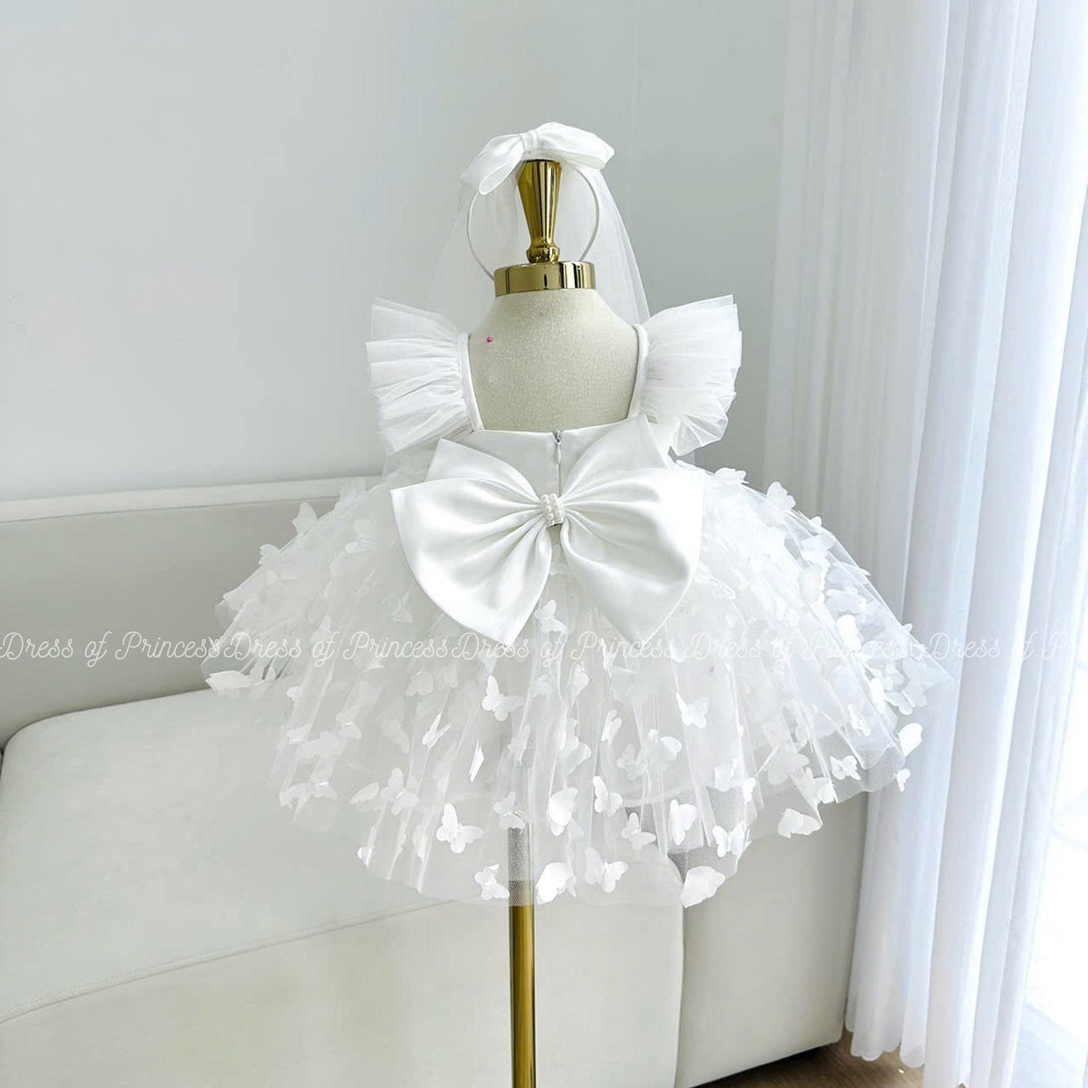 White Butterfly Flower Girl Dress, Tulle Toddler Baptism Gown, Elegant Baby Birthday Outfit
