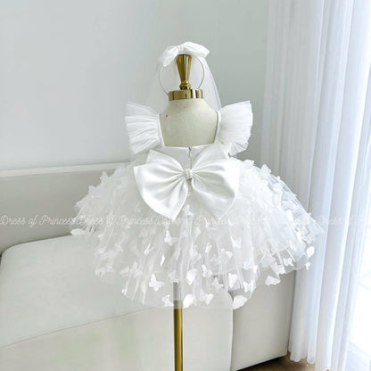 White Butterfly Flower Girl Dress, Tulle Toddler Baptism Gown, Elegant Baby Birthday Outfit