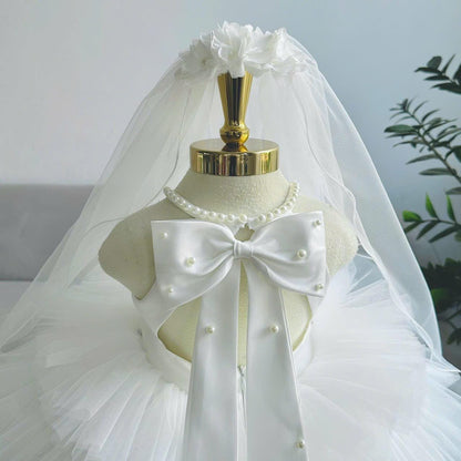 White Tulle Princess Dress: Pearl Details, Satin Bow & Veil