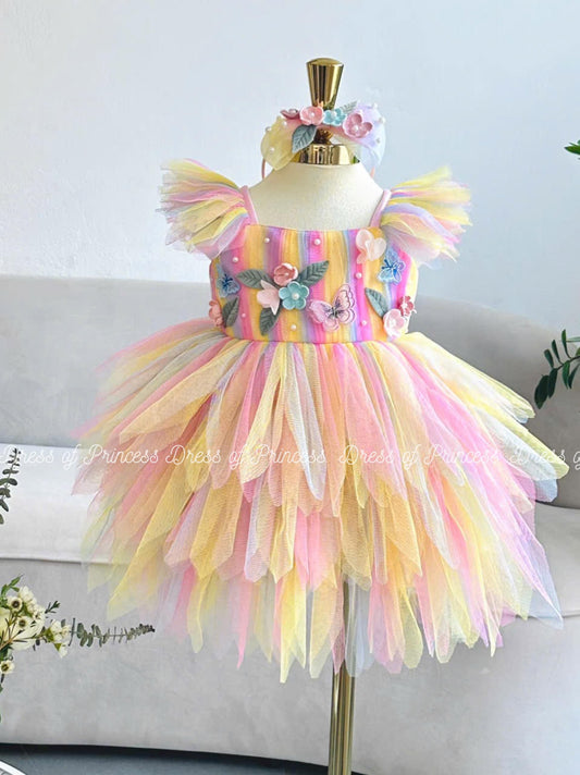 Rainbow Pastel Tutu Dress: Floral Appliqué Princess Outfit