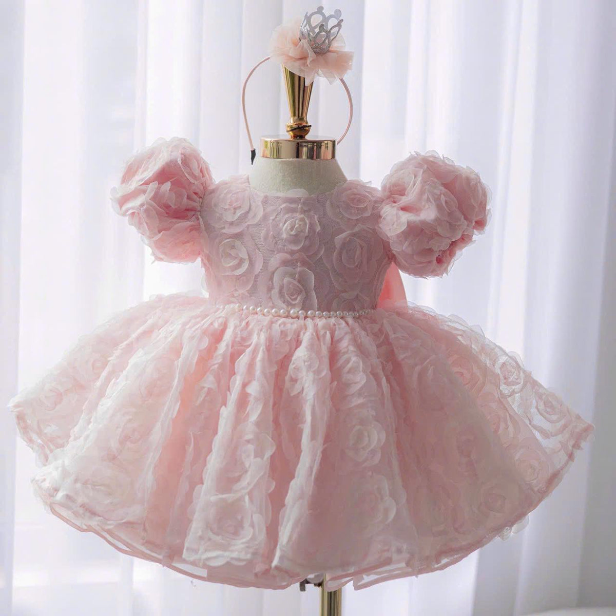 Pink Princess Baby Dress: 3D Rose Tulle, Puffy Sleeves + Headband