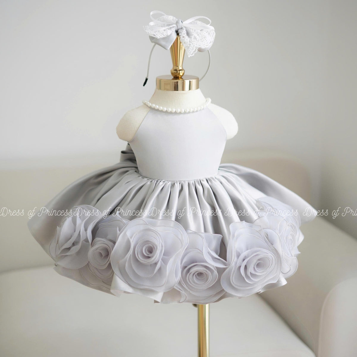 Silver Flower Girl Dress with 3D Floral Hem and Bow – Toddler Birthday Party Dress