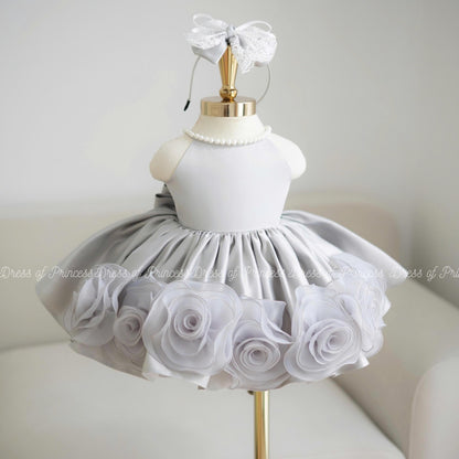 Silver Flower Girl Dress with 3D Floral Hem and Bow – Toddler Birthday Party Dress