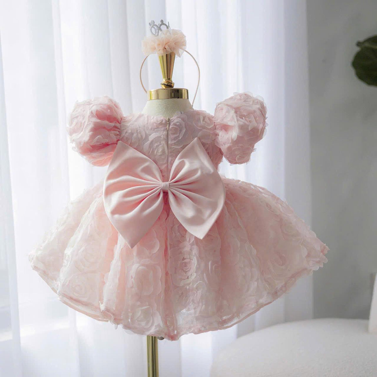 Pink Princess Baby Dress: 3D Rose Tulle, Puffy Sleeves + Headband
