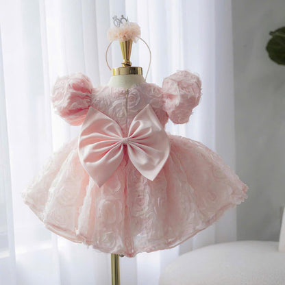 Pink Princess Baby Dress: 3D Rose Tulle, Puffy Sleeves + Headband
