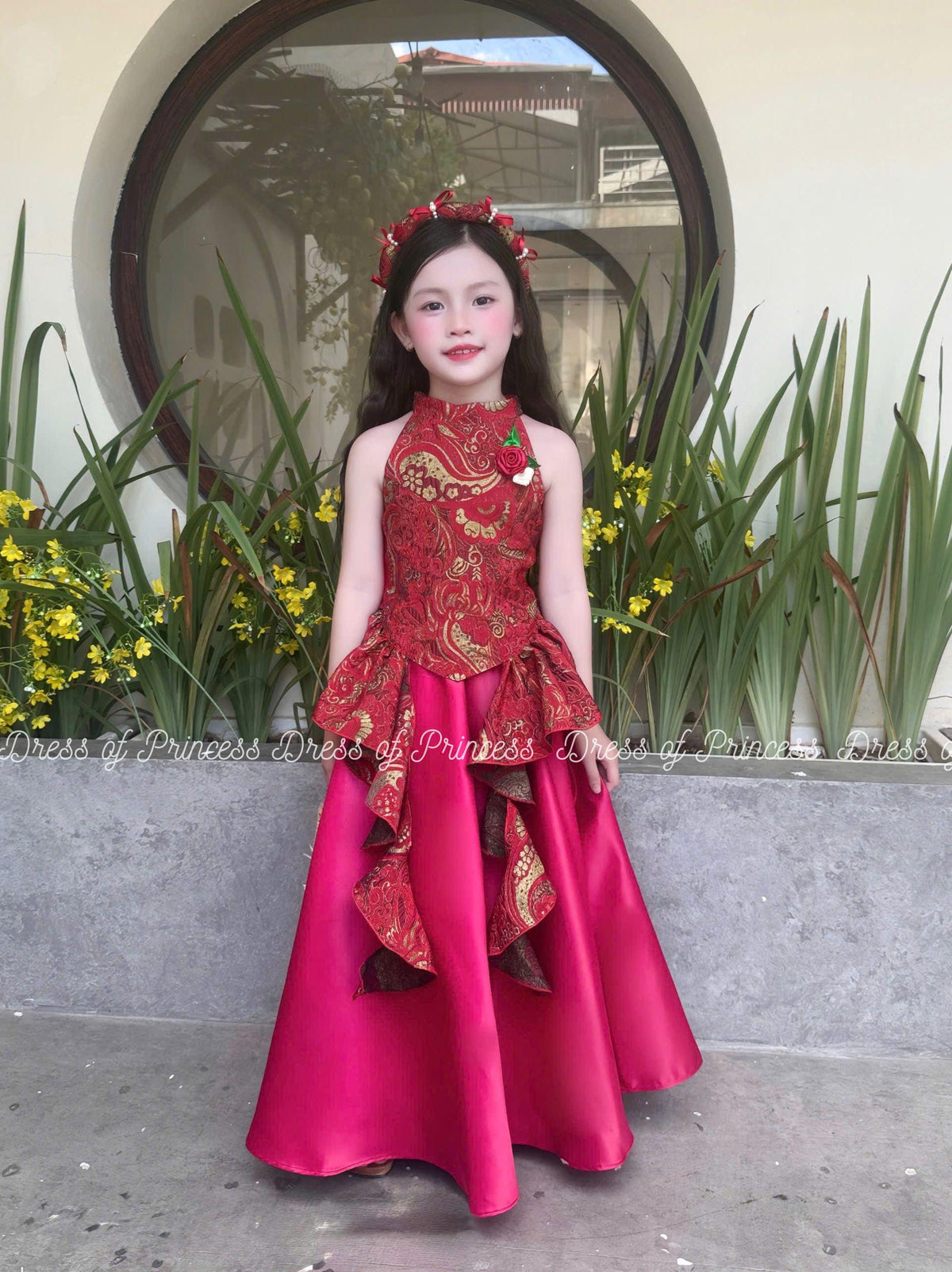 Red Brocade Asian Style Girl Dress: Lotus Ruffle Party Gown