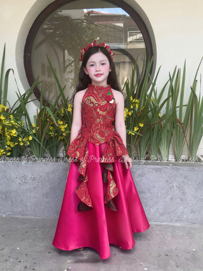 Red Brocade Asian Style Girl Dress: Lotus Ruffle Party Gown