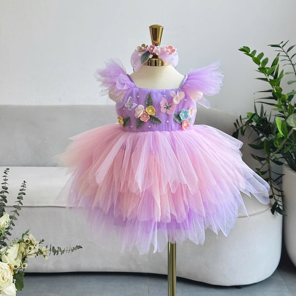 Girls' Fairy Tulle Dress: 3D Flowers, Purple Pink Princess Outfit