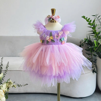 Girls' Fairy Tulle Dress: 3D Flowers, Purple Pink Princess Outfit