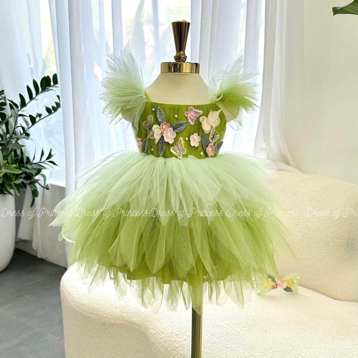 Green Fairy Princess Tutu Dress with Flowers & Bow – Baby Girl Birthday / Party / Photoshoot Outfit