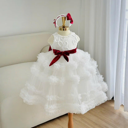White Tulle Baby Birthday Dress: Red Velvet Bow & Headband