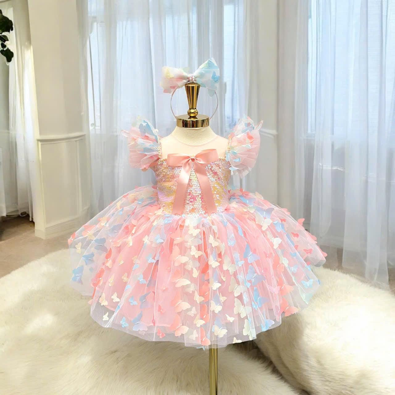 Pink Butterfly Princess Dress: Tulle Birthday Party Gown with Headband
