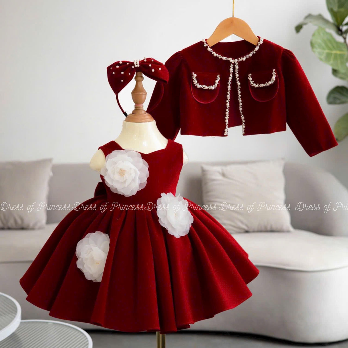 Luxury Red Velvet Baby Girl Dress with Jacket & Bow – Holiday, Birthday, Wedding Outfit