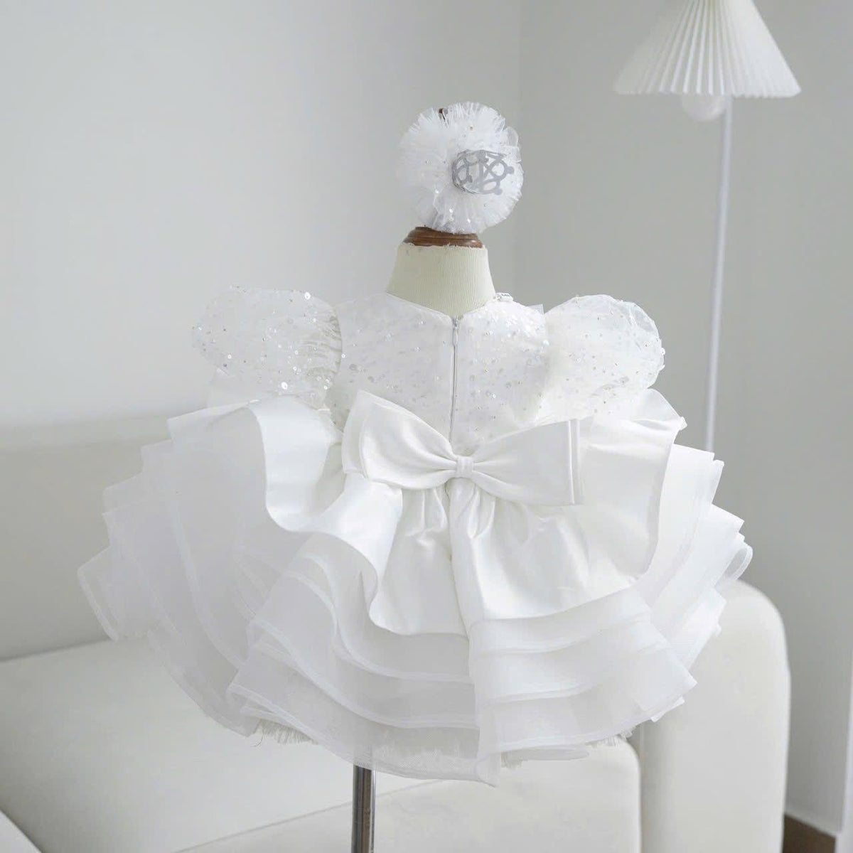 Baby Girl White Sequin Ruffle Dress: First Birthday, Baptism