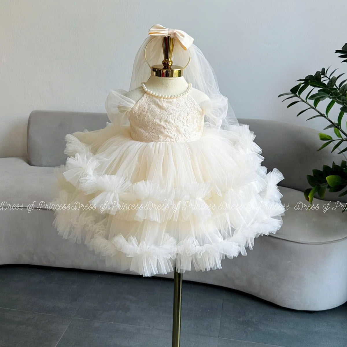 Lace Bodice Tulle Baby Dress | Baptism Outfit with Veil