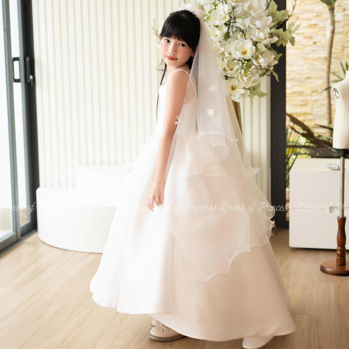 Luxury Satin Flower Girl Dress with Veil & Big Bow | Custom Colors | Wedding Birthday Communion Gown for Toddler and Girls