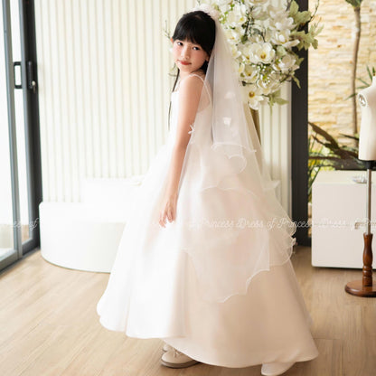 Luxury Satin Flower Girl Dress with Veil & Big Bow | Custom Colors | Wedding Birthday Communion Gown for Toddler and Girls