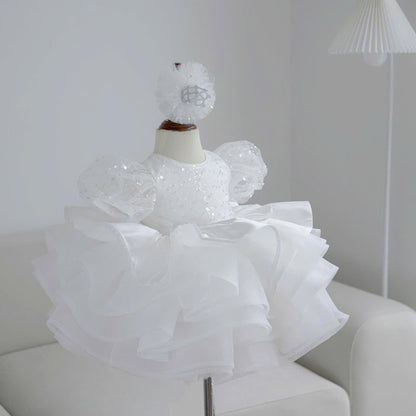 Baby Girl White Sequin Ruffle Dress: First Birthday, Baptism