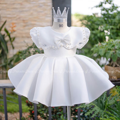 White Baby Girl Dress, Princess Birthday Dress, Toddler Party Dress, White Flower Girl Dress, Puffy Sleeve Dress, Luxury Baby Dress