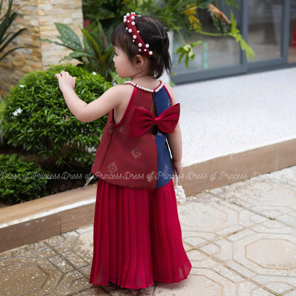 Red & Navy Traditional-Inspired Dress with Bow – Baby Girl Birthday / Festival / Photoshoot Outfit