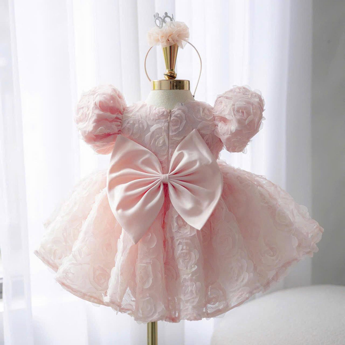 Pink Princess Baby Dress: 3D Rose Tulle, Puffy Sleeves + Headband