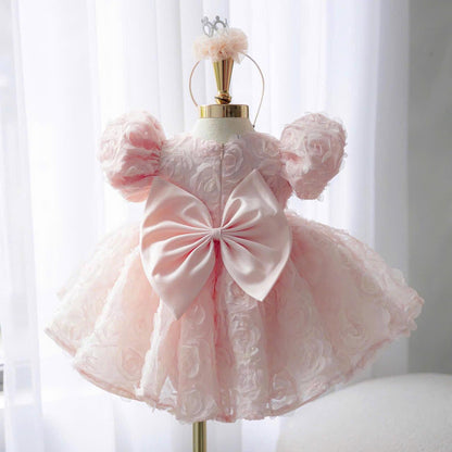 Pink Princess Baby Dress: 3D Rose Tulle, Puffy Sleeves + Headband