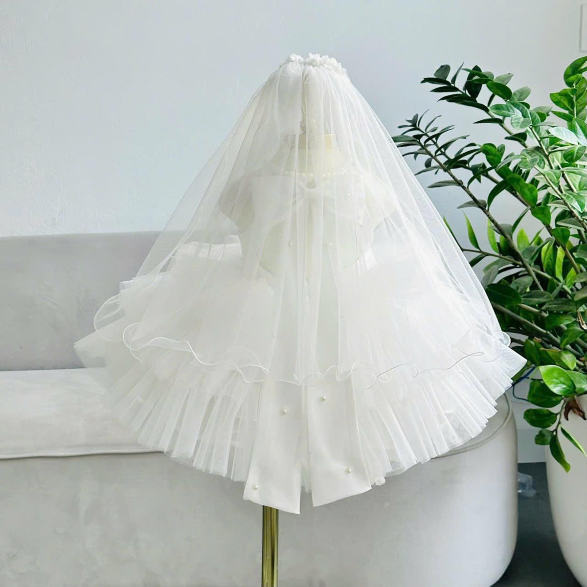 White Tulle Princess Dress: Pearl Details, Satin Bow & Veil