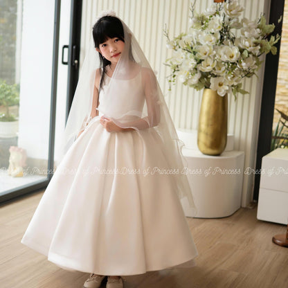 Luxury Satin Flower Girl Dress with Veil & Big Bow | Custom Colors | Wedding Birthday Communion Gown for Toddler and Girls
