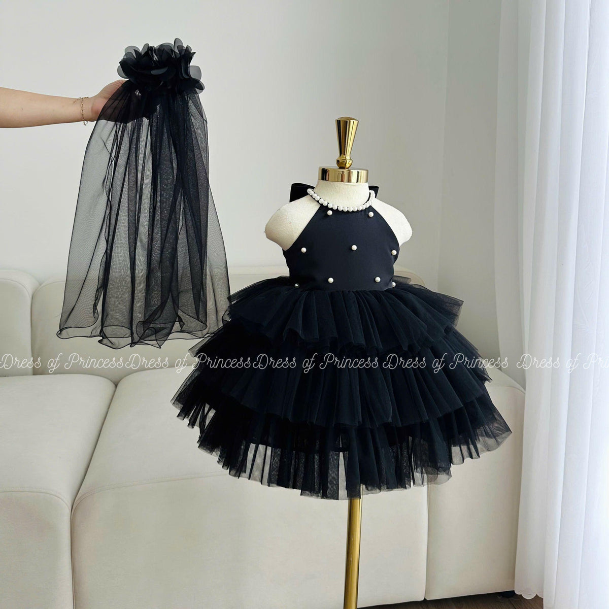 Black Tulle Princess Tutu Dress with Veil - Pearl & Bow Detail