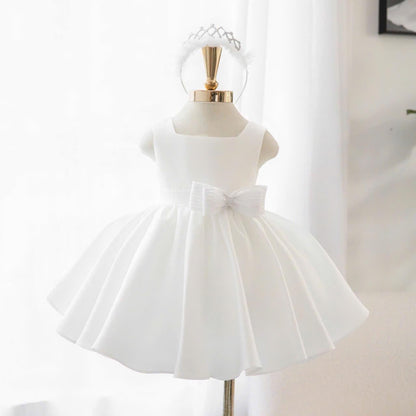 White Flower Girl Dress: Sleeveless Party Gown with Bow & Headband