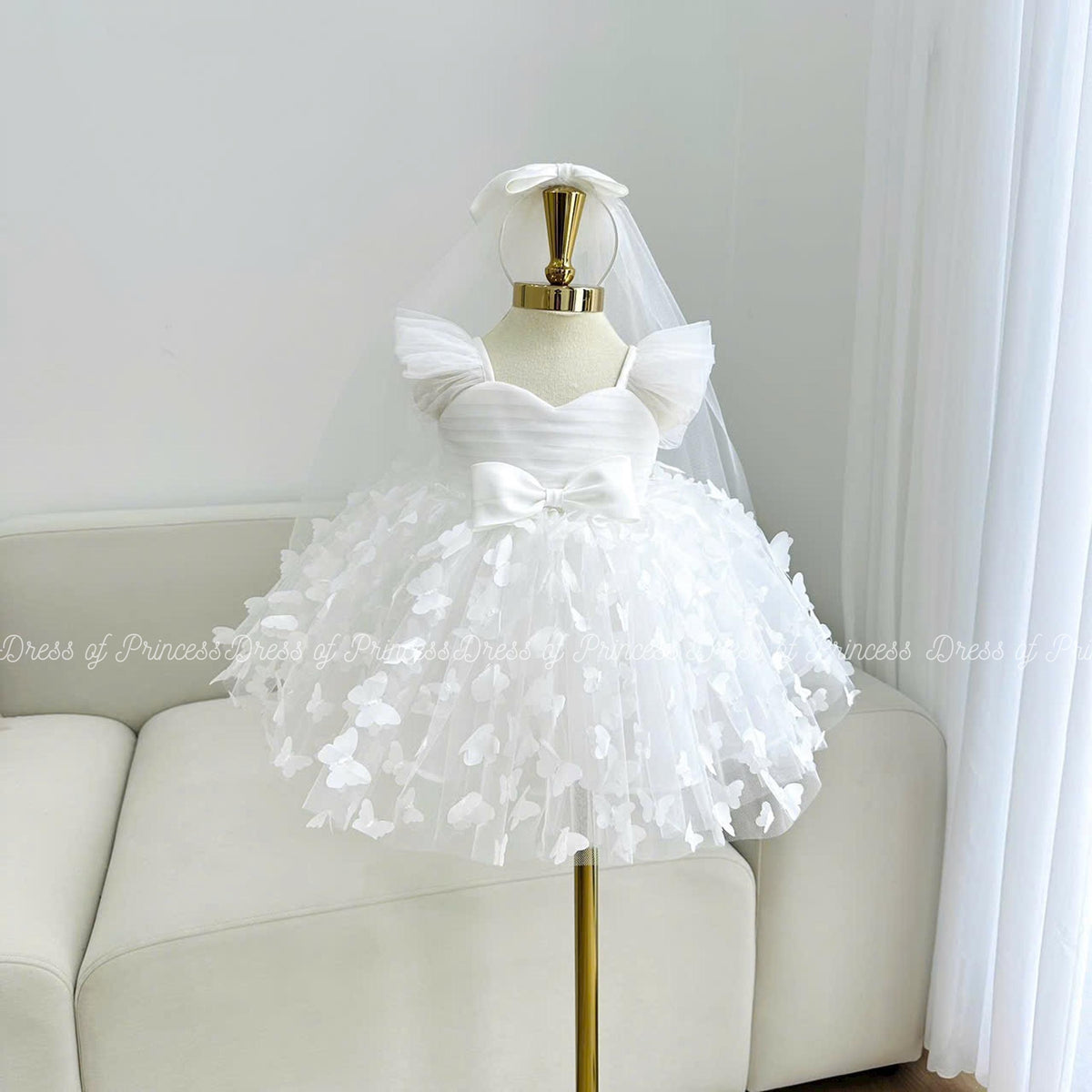 White Butterfly Flower Girl Dress, Tulle Toddler Baptism Gown, Elegant Baby Birthday Outfit