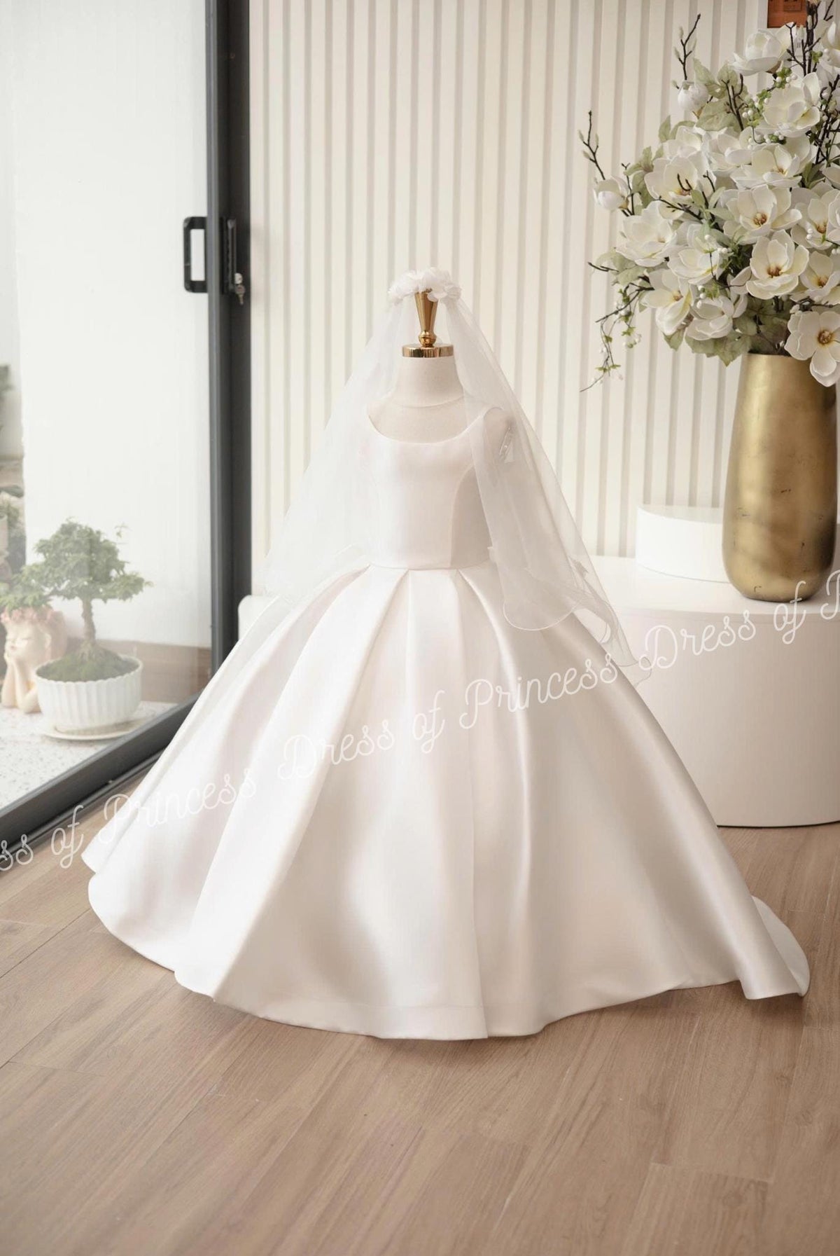 Luxury Satin Flower Girl Dress with Veil & Big Bow | Custom Colors | Wedding Birthday Communion Gown for Toddler and Girls