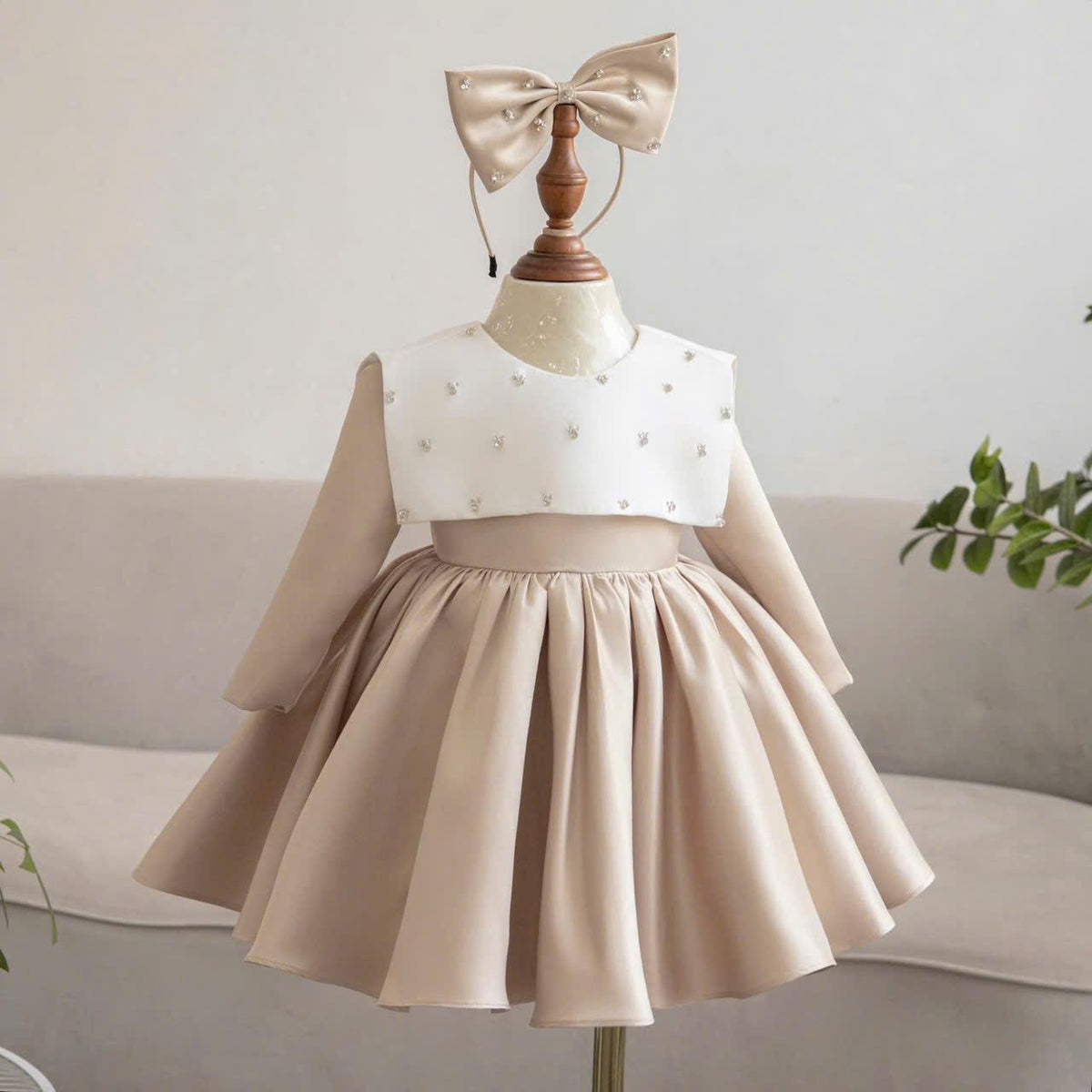 Beige Toddler Girl Dress: Pearl Cape, Bow Headband - Formal Party Outfit