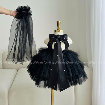 Black Tulle Princess Tutu Dress with Veil - Pearl & Bow Detail