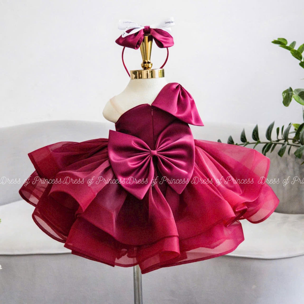 Luxury Burgundy Tulle Party Dress with Bow Headband