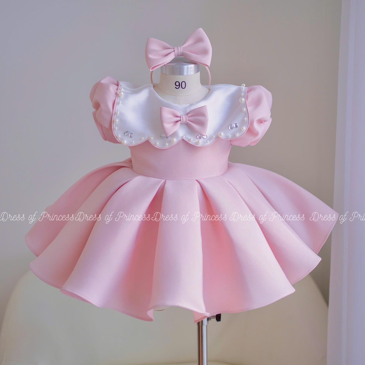 Pink Baby Girl Dress with Bow Headband, Princess Birthday Dress, Toddler Party Dress, Puffy Sleeve Dress, First Birthday Outfit