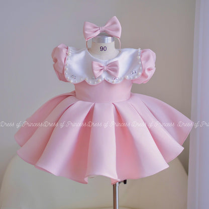 Pink Baby Girl Dress with Bow Headband, Princess Birthday Dress, Toddler Party Dress, Puffy Sleeve Dress, First Birthday Outfit