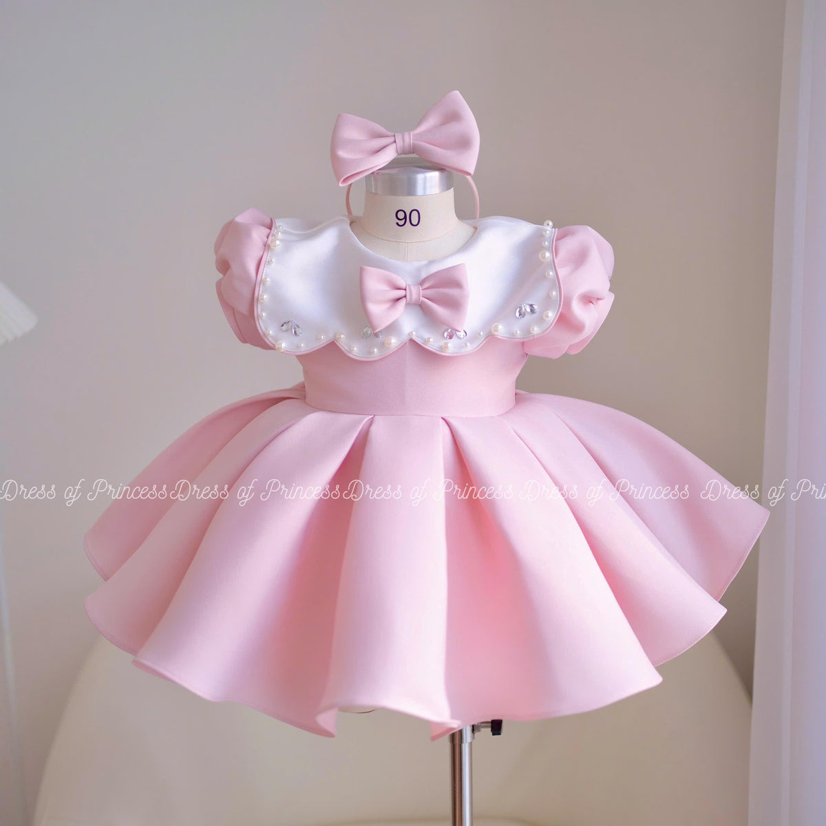 Pink Baby Girl Dress with Bow Headband, Princess Birthday Dress, Toddler Party Dress, Puffy Sleeve Dress, First Birthday Outfit