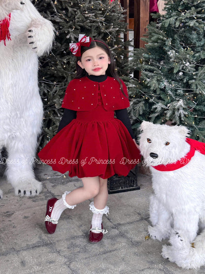 Red Christmas Dress for Girls, Detachable Cape Dress, Holiday Party Dress, Toddler Christmas Outfit, Winter Birthday Dress