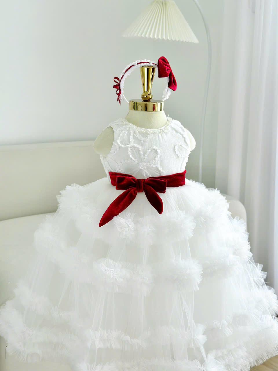 White Tulle Baby Birthday Dress: Red Velvet Bow & Headband