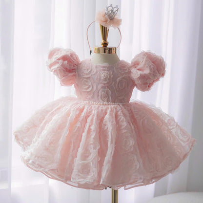 Pink Princess Baby Dress: 3D Rose Tulle, Puffy Sleeves + Headband