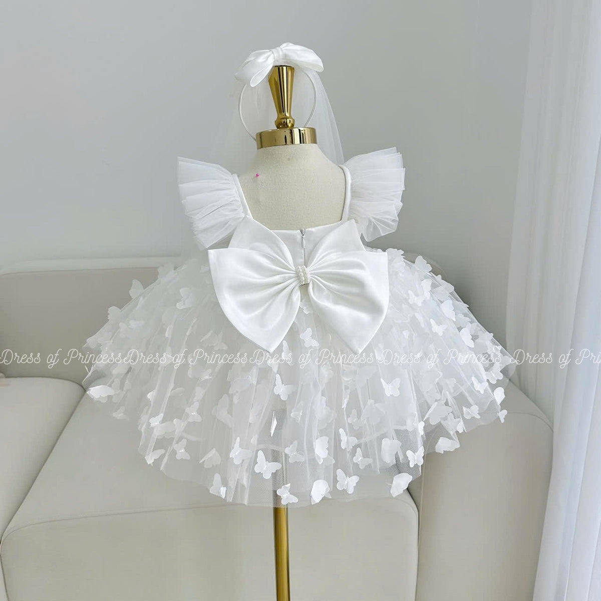 White Butterfly Flower Girl Dress, Tulle Toddler Baptism Gown, Elegant Baby Birthday Outfit