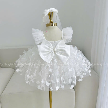 White Butterfly Flower Girl Dress, Tulle Toddler Baptism Gown, Elegant Baby Birthday Outfit