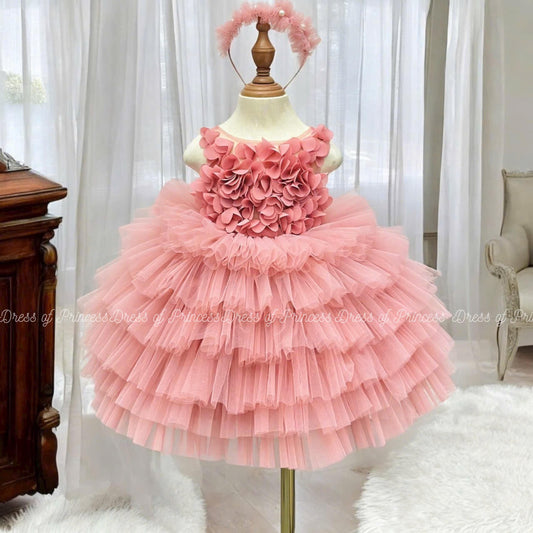 Pink Ruffle Tulle Princess Dress: 3D Flower Girl Dress with Bow & Headband